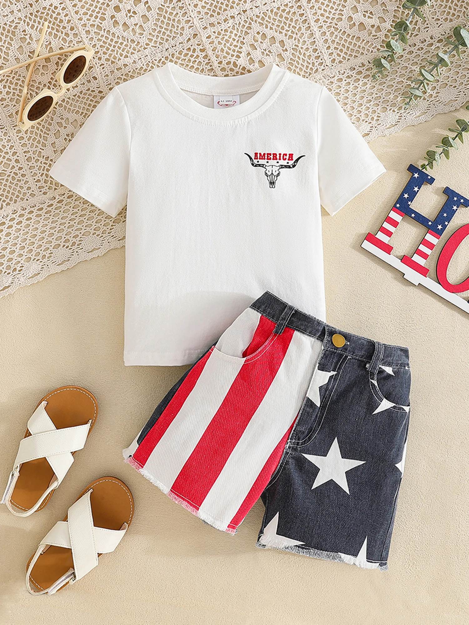 

Adorable Infant Girl Independence Day Clothes Sheep Graphic Tee and USA Flag Print Shorts Matching Set for July 4th Celebration