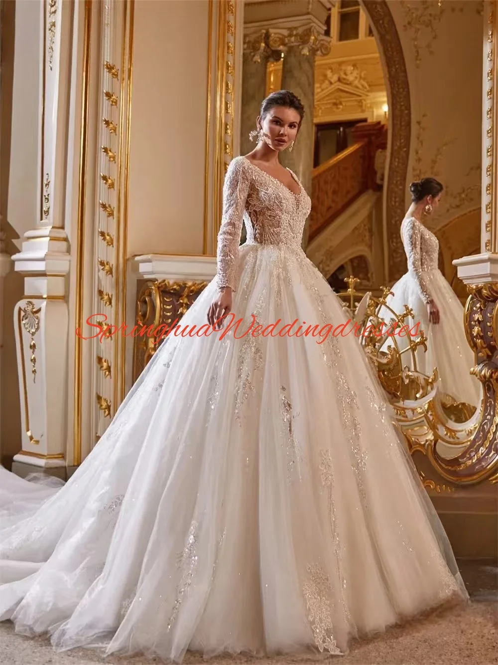 Customized Long Sleeve Wedding Dress  Mesmerizing V Neck Bridal Dress Bridal Gown For Wedding Party