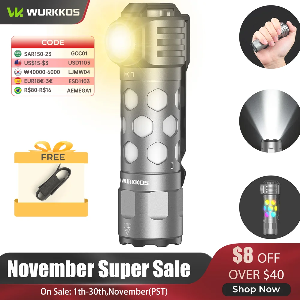 Wurkkos K1 EDC Flashlight 1850LM IPX8 Waterproof 18650  Magnetic Tail Dual Switch Torch SFT42R 4000K RGB Camping Light