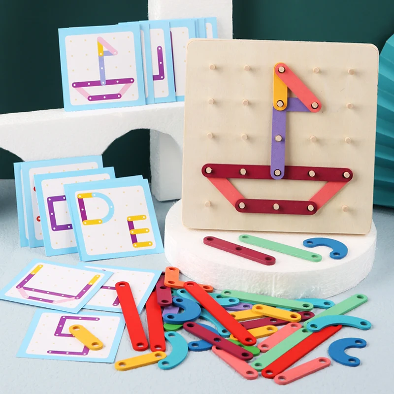 Wooden Montessori Animal/Traffic Creative Board Nail Board Geometric Column Set Construction Puzzle Sensory Geometric Pegboard