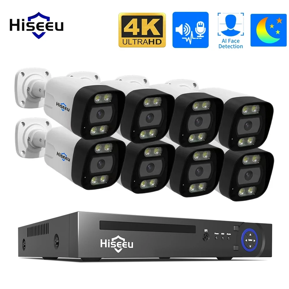 hiseeu kit de sistema de camera ip de seguranca poe 8mp cctv 8ch nvr deteccao de rosto ai p2p casa ao ar livre conjunto vigilancia h265 4k 01