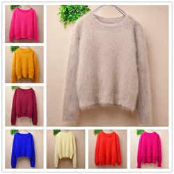 Casual Fashion Ladies Women Fall Winter Clothing Hairy Mink Cashmere Knitted O-Neck Short Style Slim Blouses Pullover Sweater