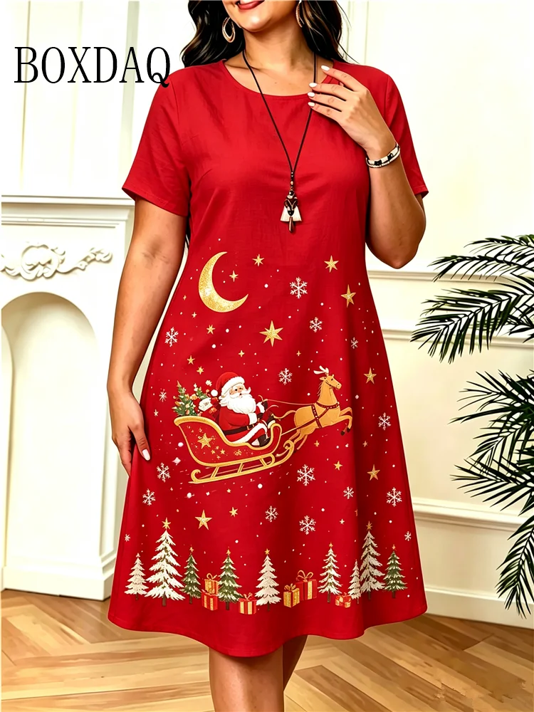 Red Christmas Party Dresses For Women Short Sleeve Loose Clothing Summer Loose Home A-Line Dress Plus Size Casual Christmas Tree