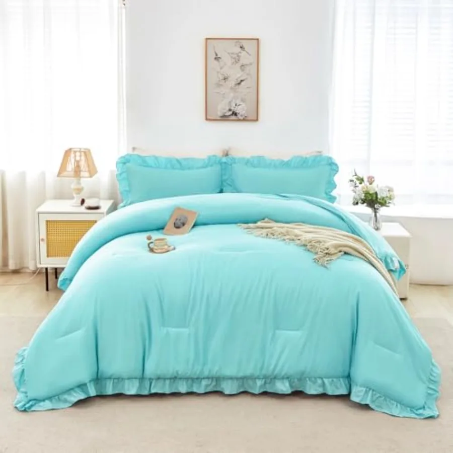 

5 Pieces Full Size Bed in A Bag Ruffle Comforter Sets for Teens Solid Elegance Bedding Sets Soft weight Bedding Comforter Sets