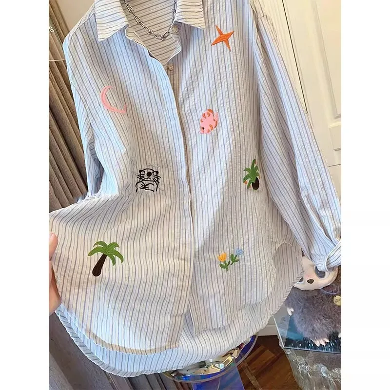 

Loose Men's Long Sleeve Shirt Autumn Winter Large Size American Design Embroidery Retro Stripes Casual Fashion Top