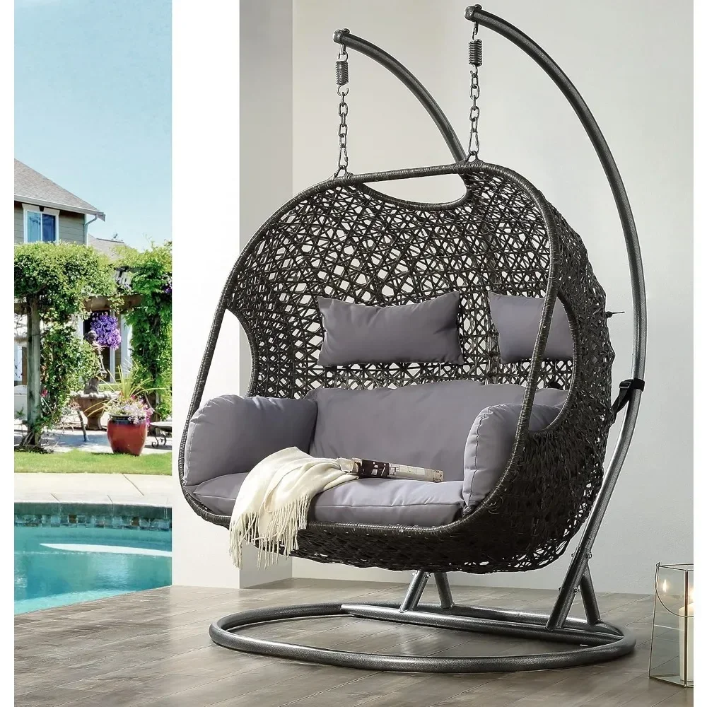 Chair Double Swing 2 Person Hanging, X-Large Wicker Rattan Egg Chair with Stand and Cushion UV Resistant Cushion w/ Steel Stand