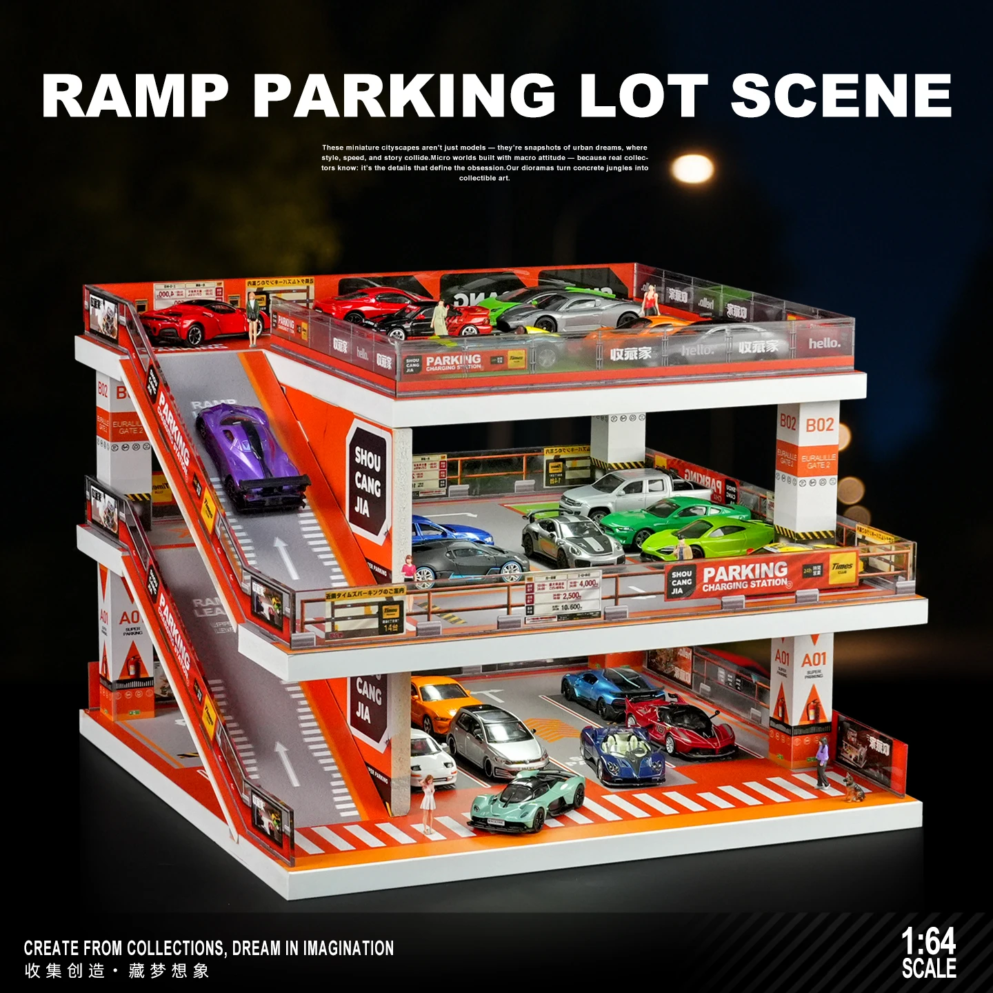 1/64 Japanese Ramp Parking Lot Street Corner Scene with Perimeter Wall Diecast Model Car Park Model Scene DIY Collection(No Car)
