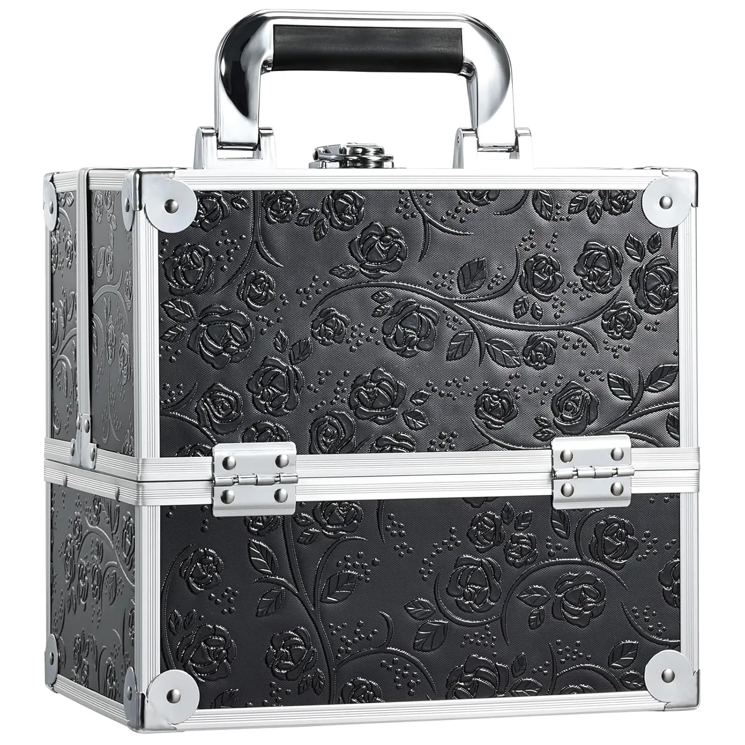 

Portable Makeup Case with 4 Trays, Dividers & Lock for Travel Storage - Black Floral Design
