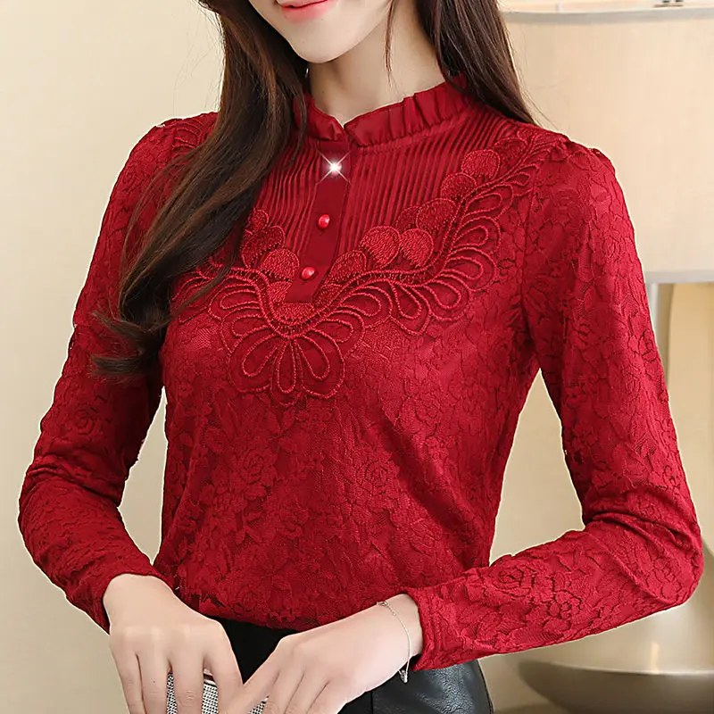 

Womens Clothing Autumn Winter Korean Fashion Lace Ruffle Elegant T-shirts Office Lady Solid Long Sleeve Slim Pullover Basic Tops