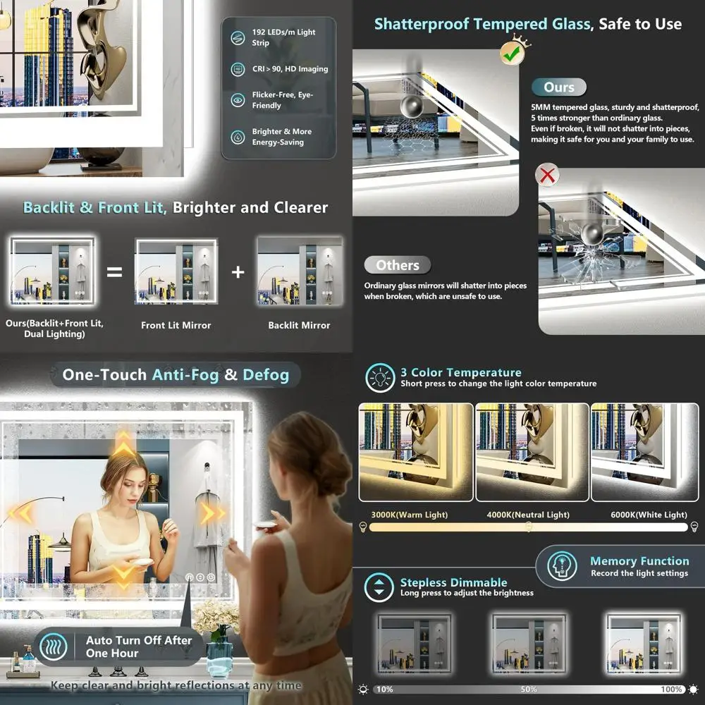 

Зеркало для ванной комнаты со светодиодной подсветкой, противотуманное, 3 цвета, с регулируемой яркостью, закаленное стекло, 32x36