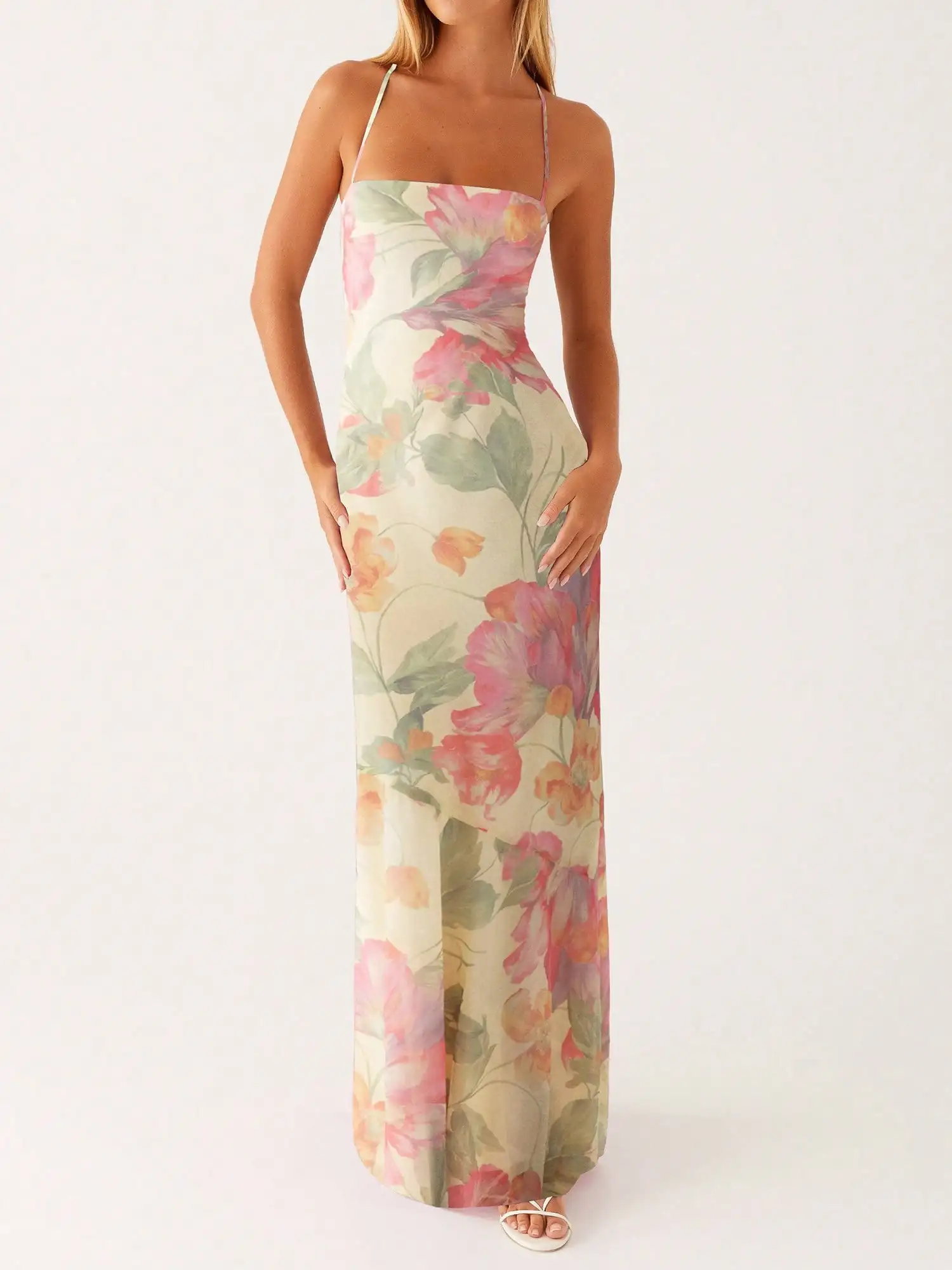 

Women's Spaghetti Strap Floral Print Maxi Dress Sleeveless Backless Cami Summer Party Dress