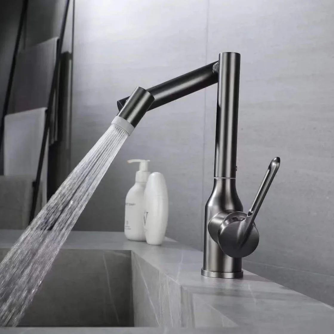 Universal Swivel Arm Basin Faucet Gun Gray Stainless Steel Lucky Cat Dual-Function Sink Hot/Cold Faucet
