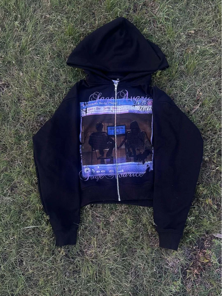 冬レトロルーズスウェットシャツアメリカンストリートスタイルクイックオープンパーカー新しいダークパーソナリティメンズとレディースの服