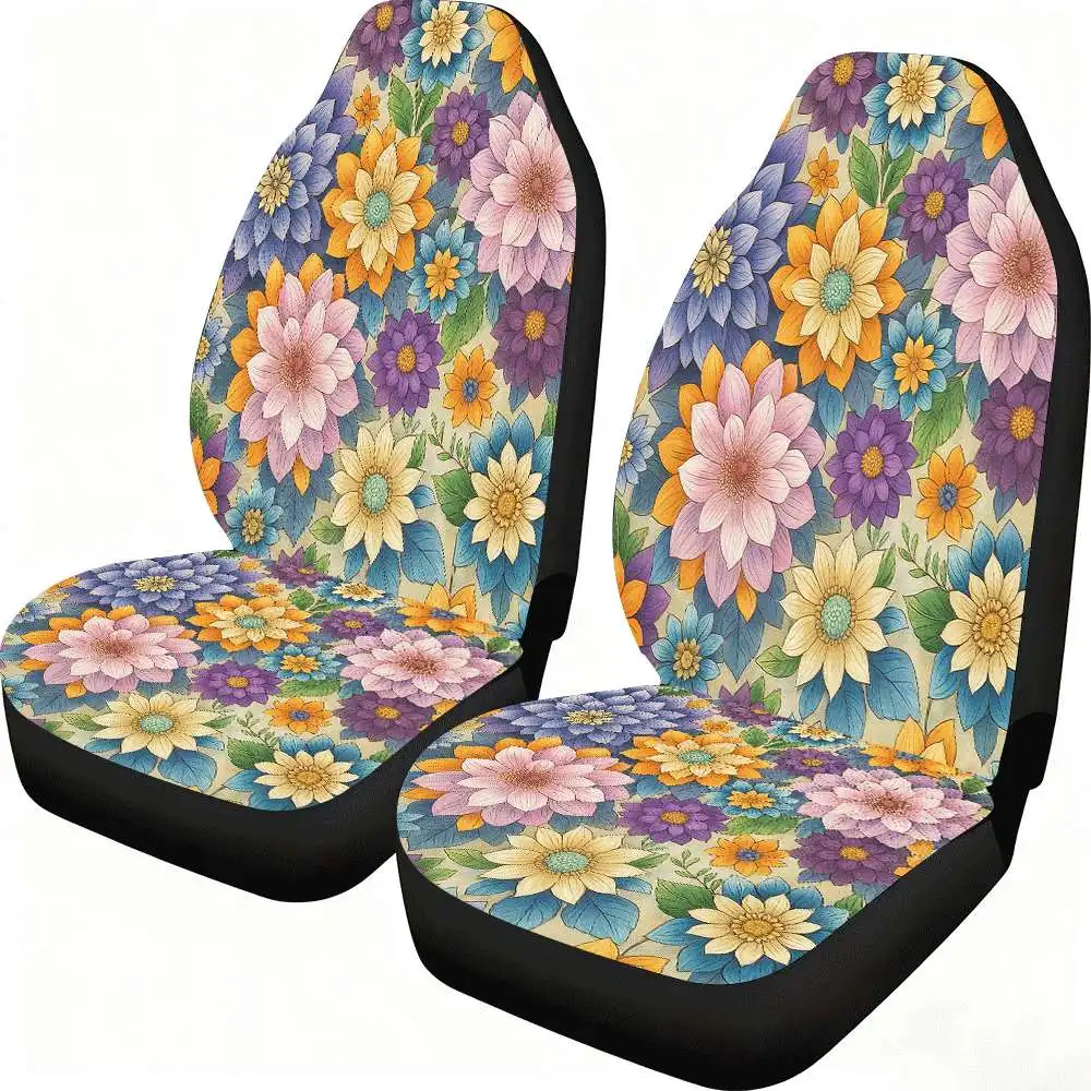 2pcs Colorful Floral Bloom Car Seat Covers Suitable For Front Seats, High Back Design, Material, Suitable For Cars, SUVs And Tru