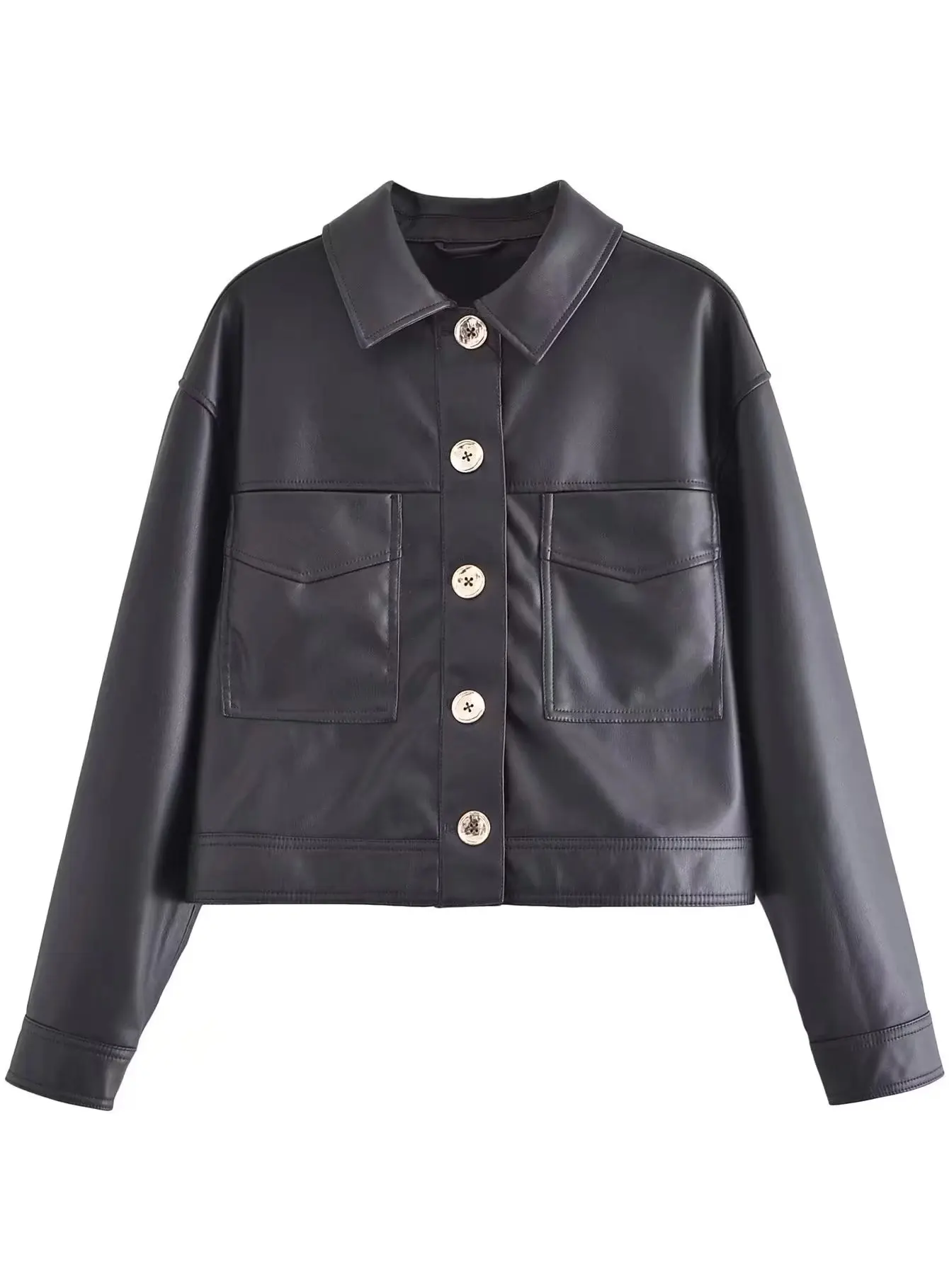 Giacca da donna in ecopelle con bottoni dorati nuovi, decorazione tascabile, temperamento corto, Design in tinta unita, giacca retrò femminile Chic