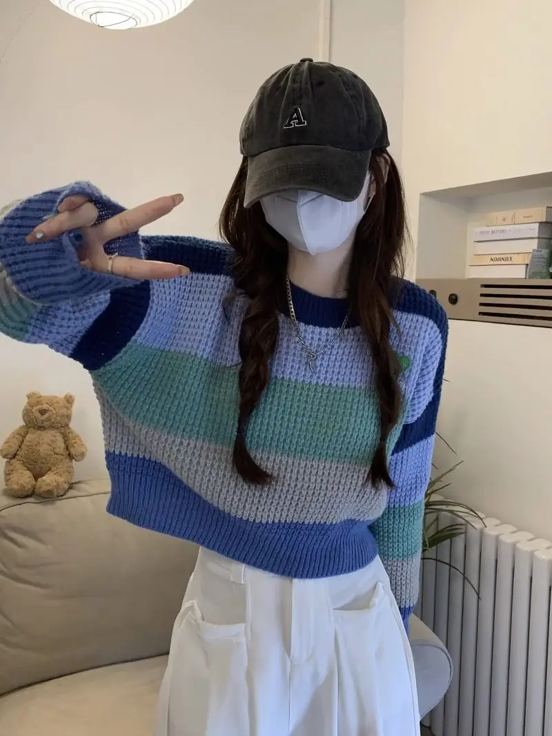 Pullover Rainbow Striped Color Matching Short Sweater 2024 New Round Neck Autumn And Winter Inner Knitted Pullover Sweater