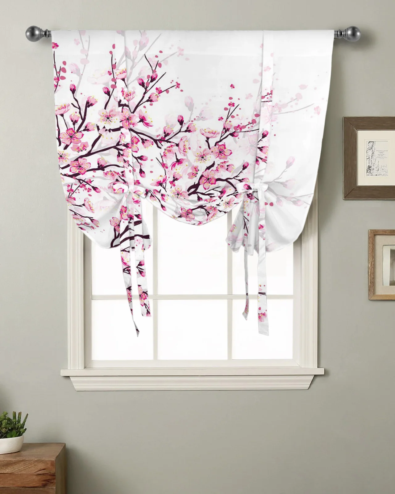 

Cherry Blossom Plum Branch Pink Flower Kitchen Short Window Curtain Modern Home Decor Small Window Roman Tie Up Curtains