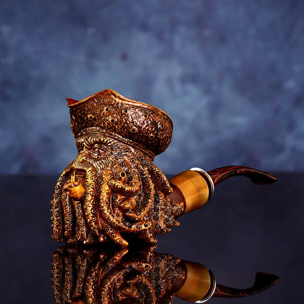 

MUXIANG Pirate Captain Davy Jones carved pipe, handmade tobacco pipe, briar pipe body, Cumberland pipe mouth, length 145mm