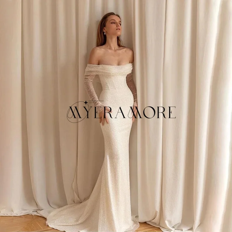 Gorgeous Shiny Sequins Lace Wedding Dresses Mermaid Long Sleeve Pleat Floor-Lenght Bridal Gowns Customized robe de mariée