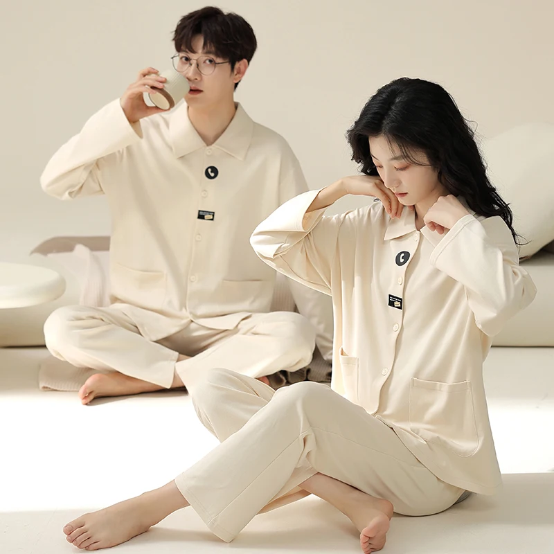 Couple style men and women's pajamas pure cotton cardigan lapel simple and fashionable spring and autumn casual home wear M-3XL