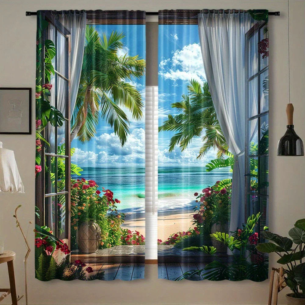2pcs Tropical Beach Palm Tree Printed Curtains, Designed for Light Filtering, Quality Material, Ideal for Summer Holiday Home Wi