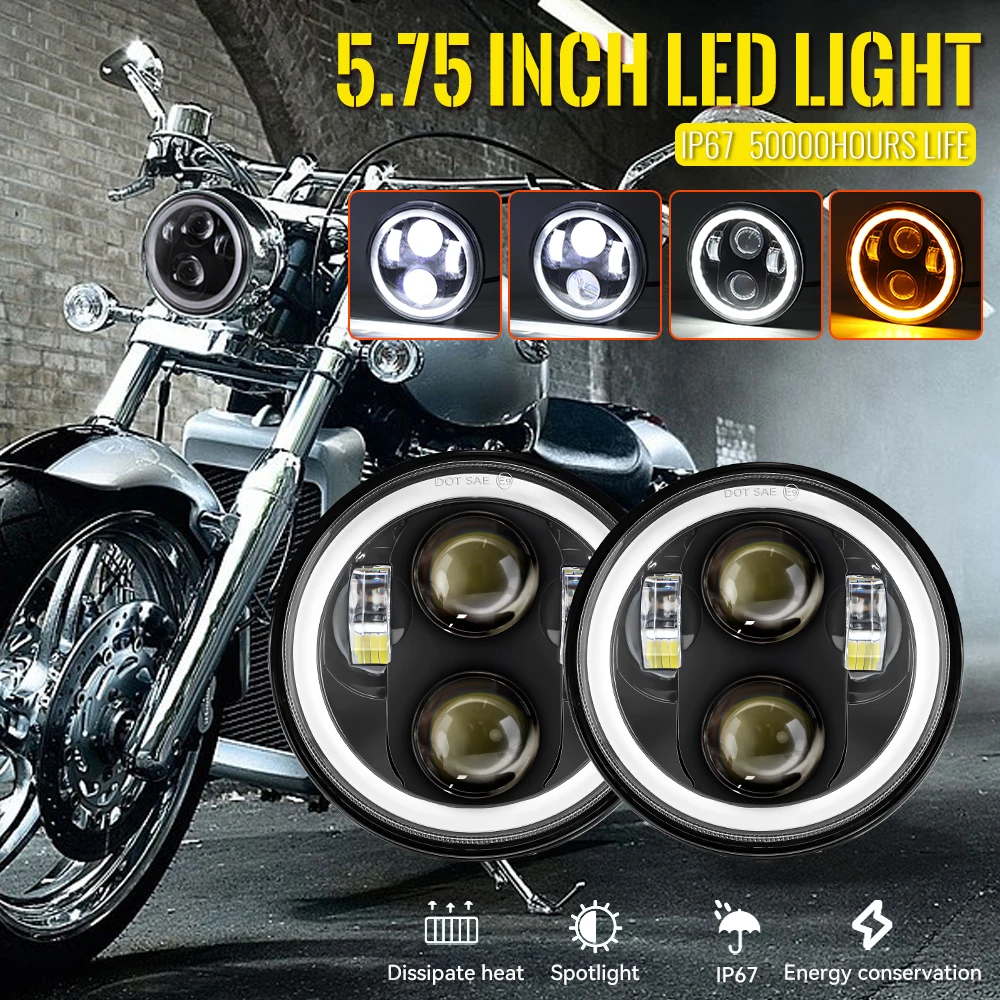 5.75 inch Black Round Motorcycle LED Headlight DRL Angel eyes For Harley Davidson Dyna Sportster Heritage Springer Deuce Yamaha