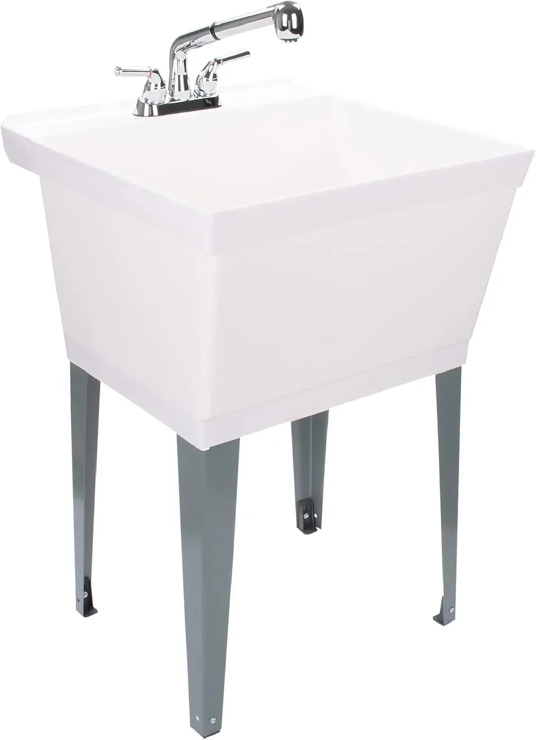 White Utility Sink Laundry Tub With Pull Out Chrome Faucet, Sprayer Spout, Heavy Duty Slop Sinks For Washing Room, Basement
