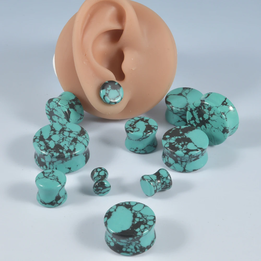 2Pcs Green Turquoise Stone Ear Plugs Gauges Earrings Double Flare Saddle Stretching Gauges Expander Ear Stretcher Body Piercing