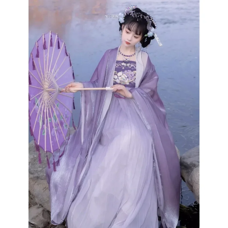 2024 Vintage Viola Fata Cosplay Abito Cinese Tradizionale Abbigliamento da Donna Dinastia Tang Fiori Ricamati Intrattenimento Musiche E Canzoni Vestito