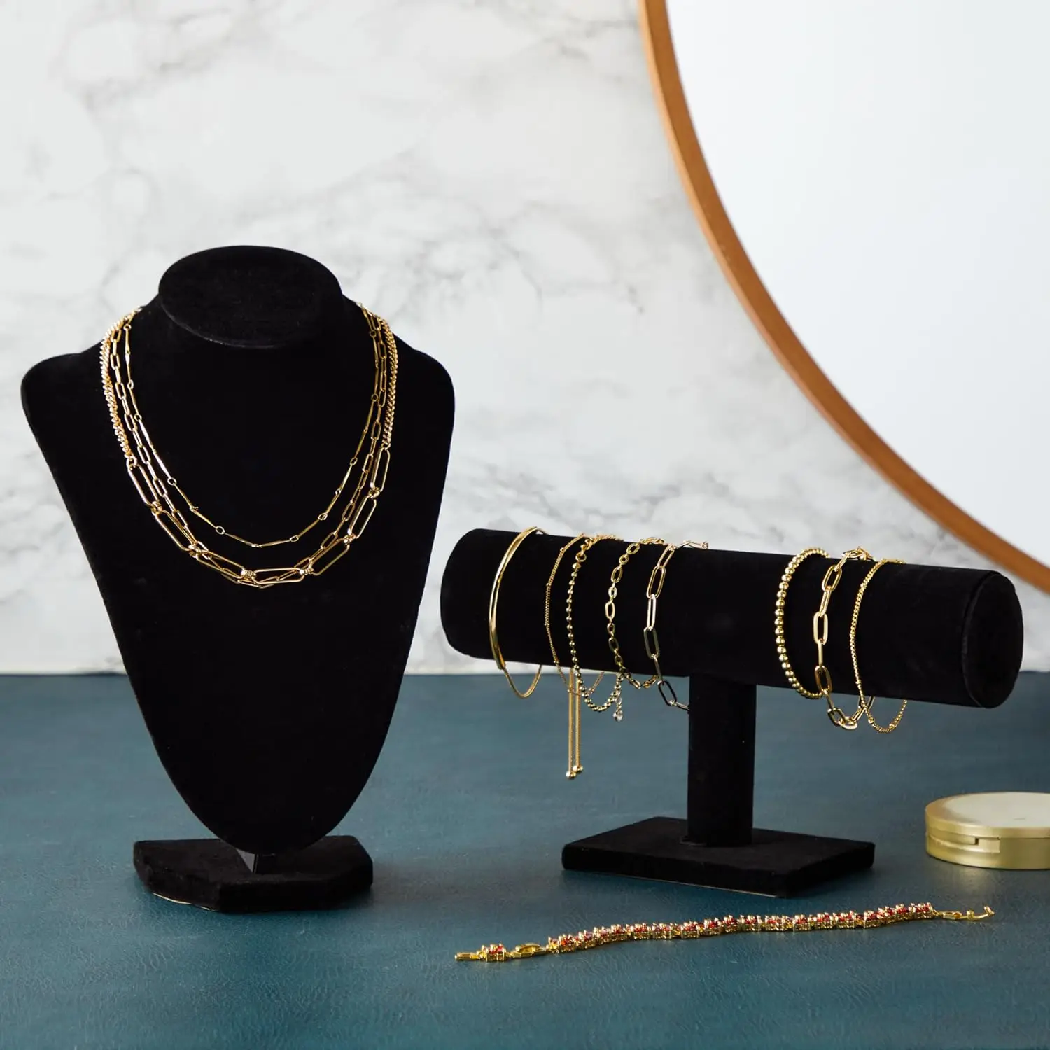 Retail Black Velvet Jewelry Display Set with T-Bar Stand and Mannequin Bust for Necklaces Bracelets Bangles Anklets