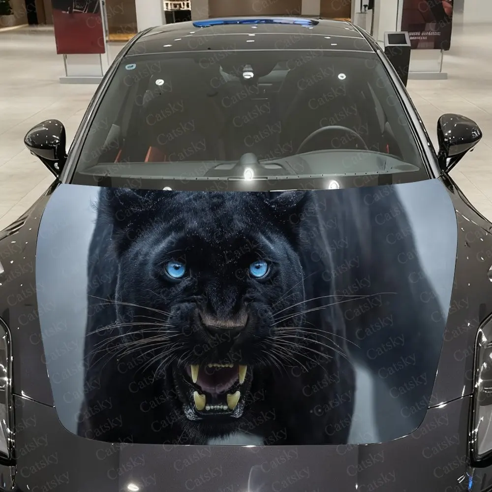 

Night Blue-Eyed Panther Car Vinyl Wrap,PVC Waterproof Car Hood Sticker, Self-Adhesive Scratch-Resistant Sticker for Engine Cover