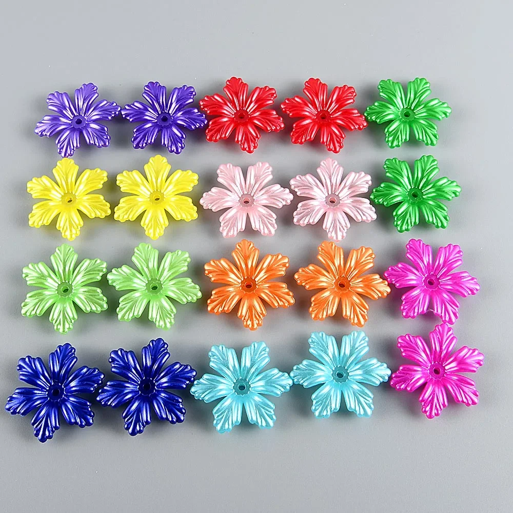 30PCS 28mm Imitation Pearl Colorful Six-petal Flower Handmade DIY Flower Holder Toy Doll Jewelry Wedding Dress Bag Loose Beads