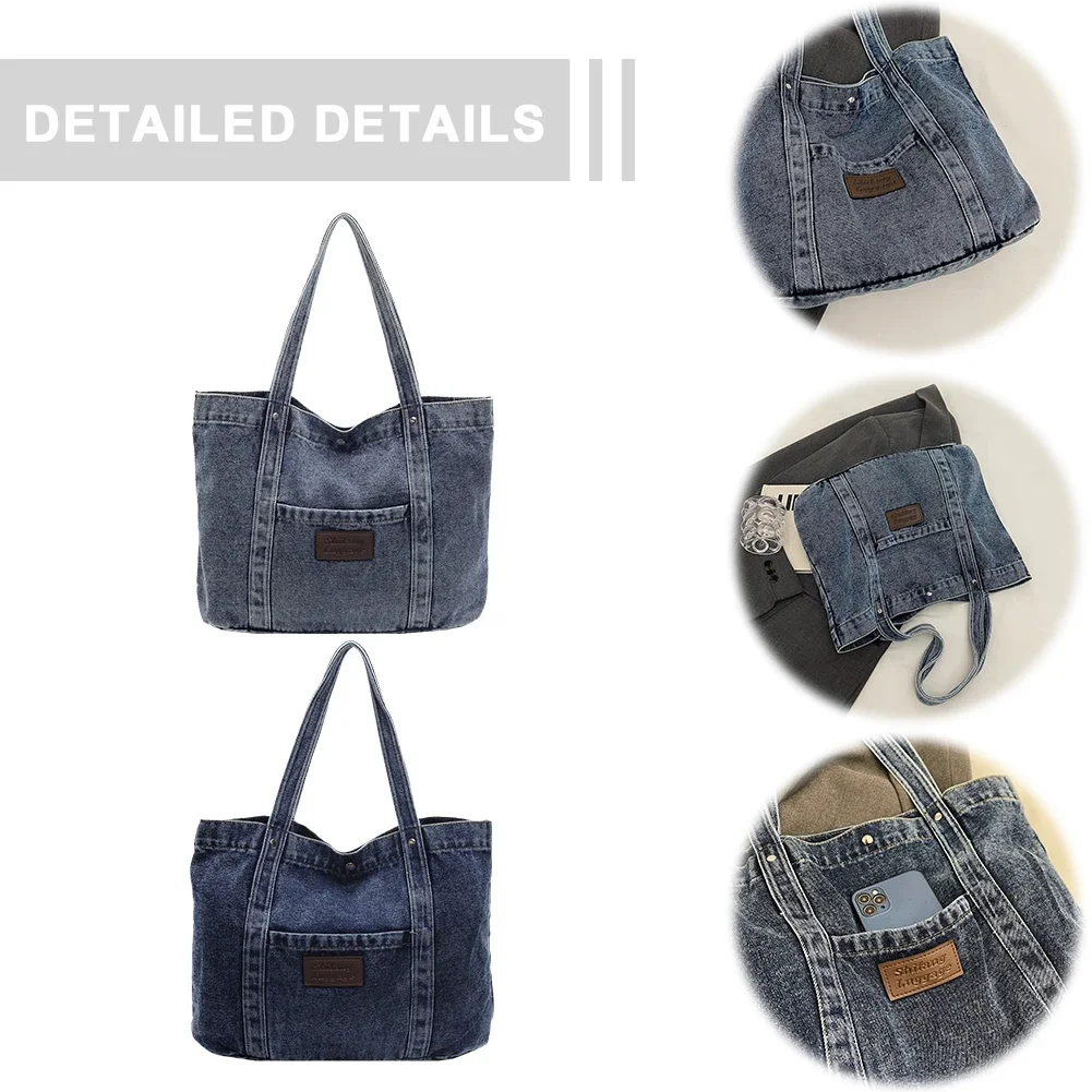 

Women Denim Shoulder Bag Fashion Shoulder Purse Large Capacity Simple Tote Handbag Stylish Shopping Bag Trendy Commuting Bag