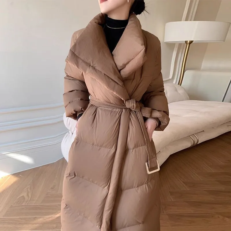 

Women's Khaki Long Down Cotton Coat with Large Lapels, Loose and Thickened for Autumn and Winter Commuting, Overcoat Style