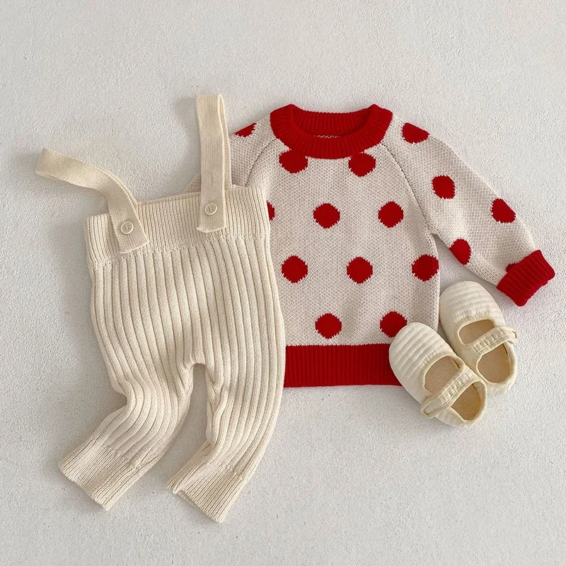 2025 New Autumn 0-3Yrs Children Clothes Infant Baby Girls Boys Clothing Sets Long Sleeved Knitted Pullover Sweater+Overalls