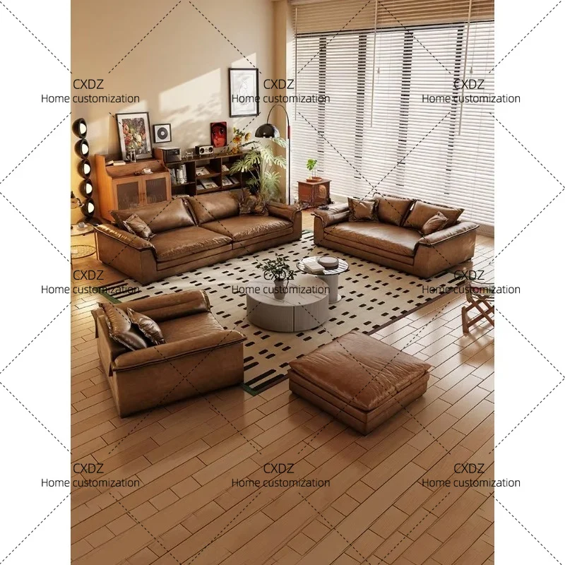 XX Vintage Oil Wax Genuine Cow Leather Sofa Mid-Ancient Style Living Room Simple Large Sitting Deep Straight Row Sofa