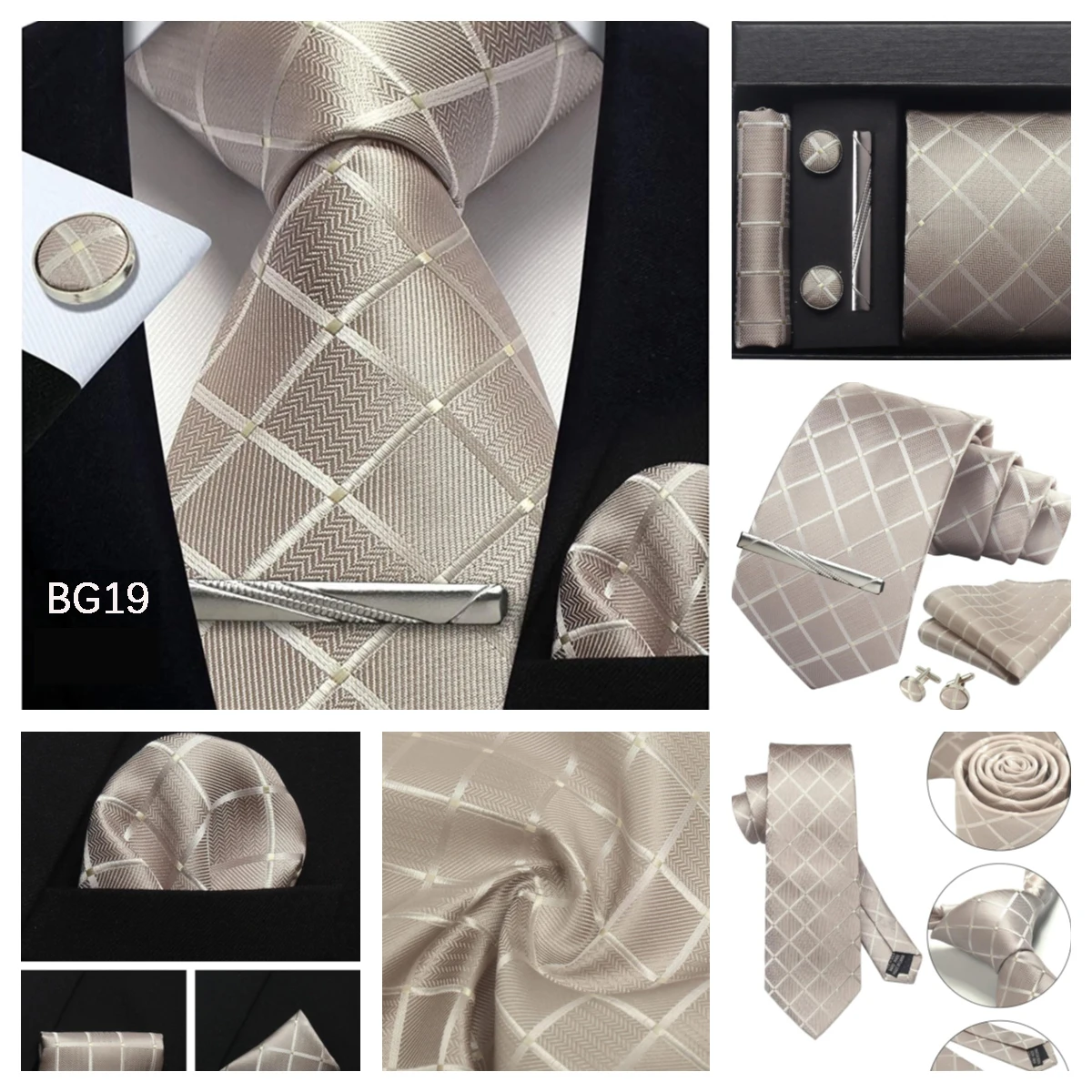 Klassische Herrenkrawatten aus 100 % Seide in Geschenkbox, 8 cm, kariert, gepunktet, gestreift, Business-Krawatte, Einstecktuch, Manschettenknöpfe, Hochzeitskrawatten-Set – Detail 16