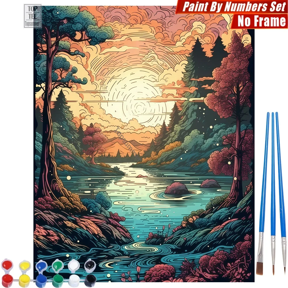 Kit de pinturas al óleo digitales Vintage River Forest - Pintura de paisaje de río al atardecer con árboles, decoración para el hogar y dormitorio, regalo de Acción de Gracias para la abuela