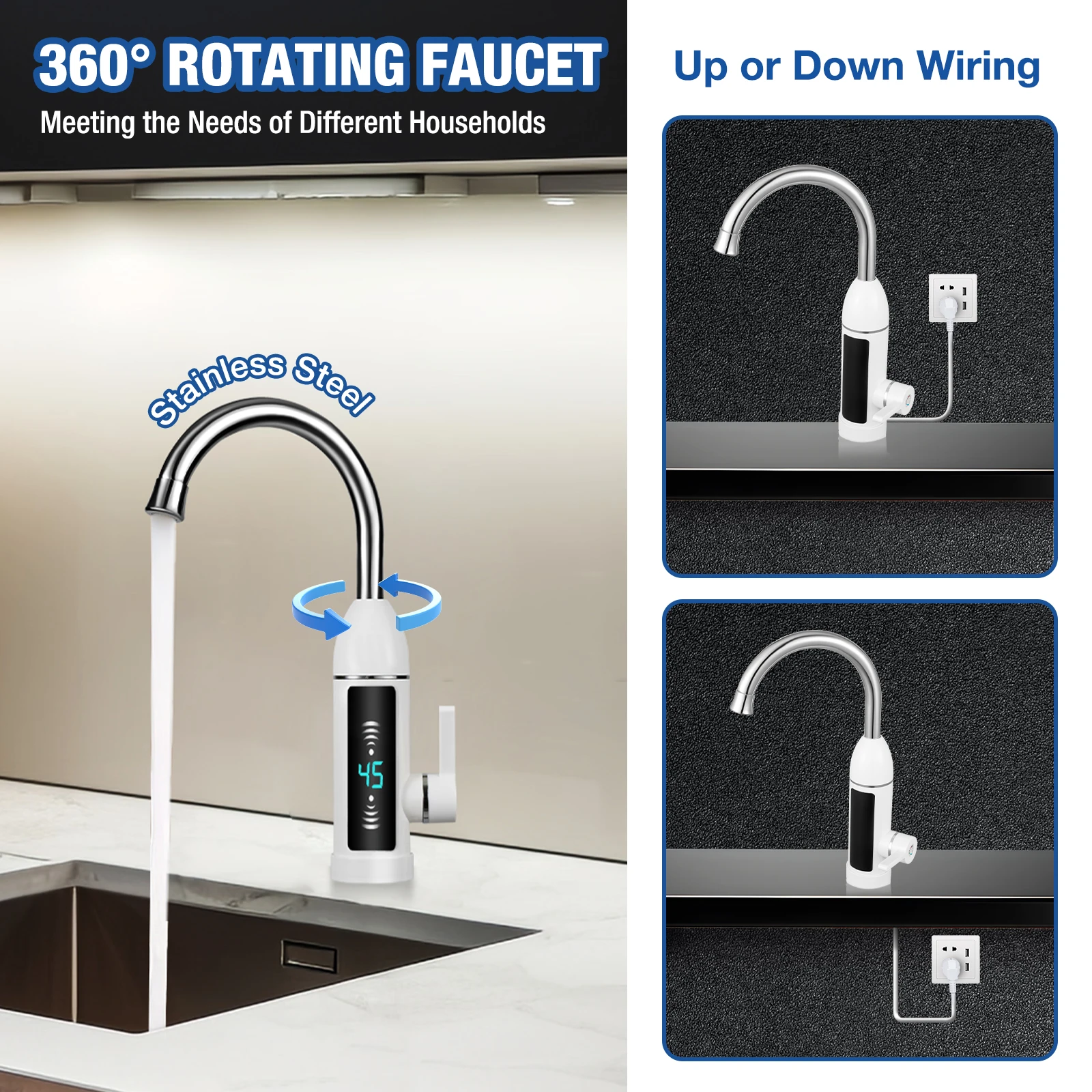 

360° Rotatable Electric Faucet Instant Tankless Heater Hot Water Tap Sink Kitchen Bathroom 3000W Instantaneous Heating