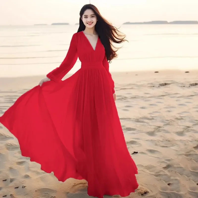 Mulheres senhoras roupas de manga longa sexy clube boho praia vestido senhora verão profundo decote em v festa longo maxi vestido feminino