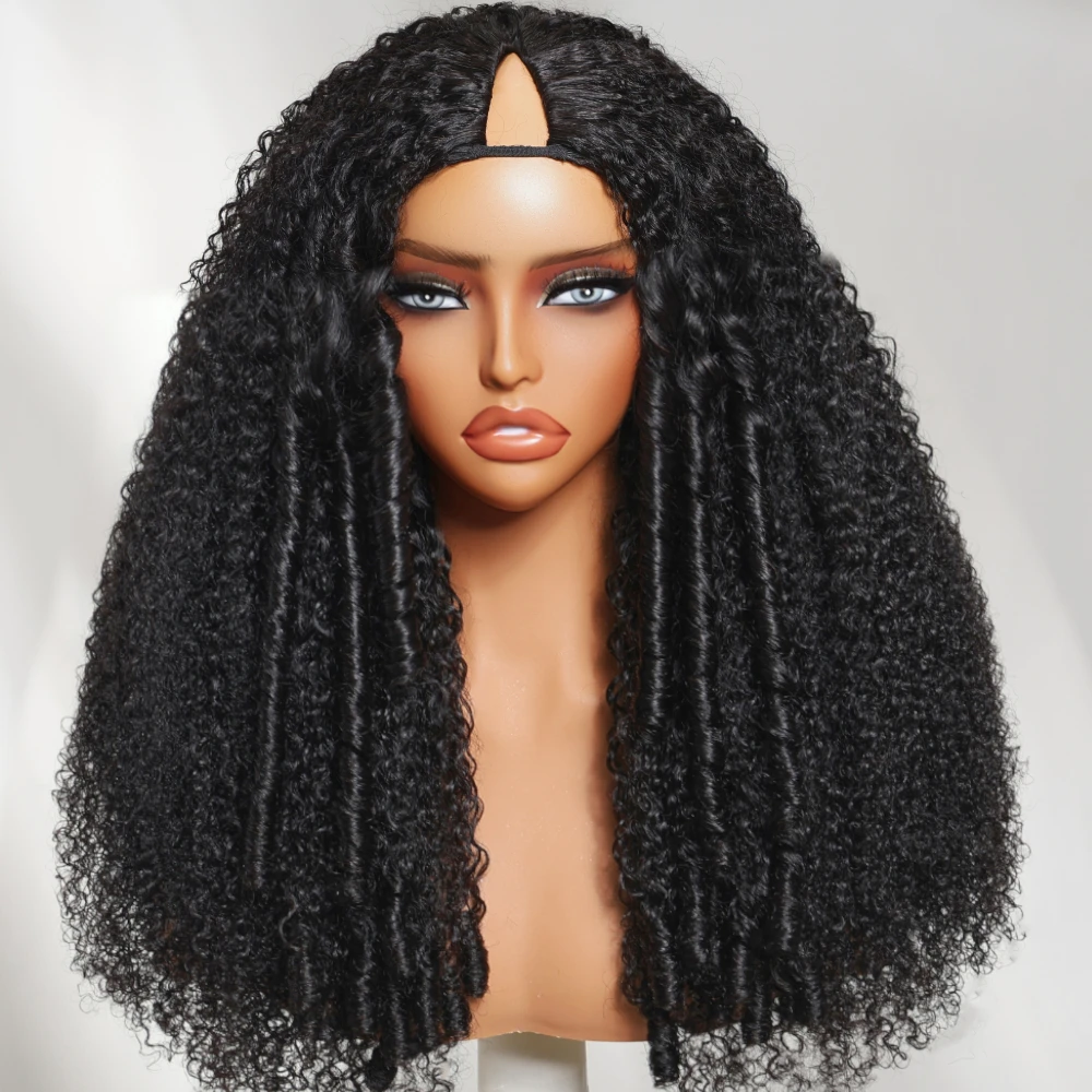 UNice Kinky Curly V Part Wig With Finger Coil Ends & Invisi Drawstring 100% Human Hair Glueless Wigs For Beginners