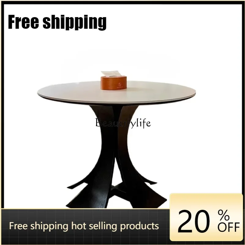 X4 French Vintage Style Black Solid Wood Stone Plate Balcony Leisure Small round Table
