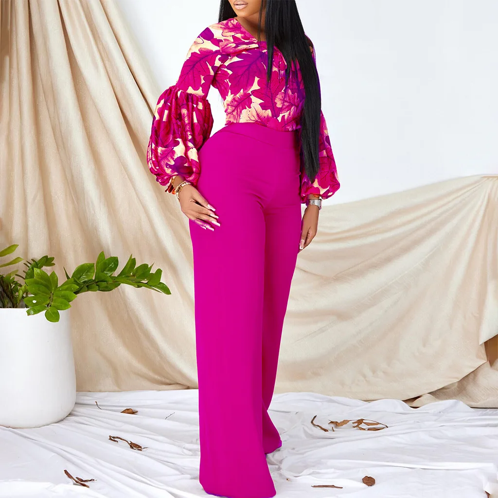 Women's Suit Large Women's New Fashion Print Strap Top Fashion Long-sleeve Woman Blouse 2024  Wide Leg Pants Two Piece Set image 4
