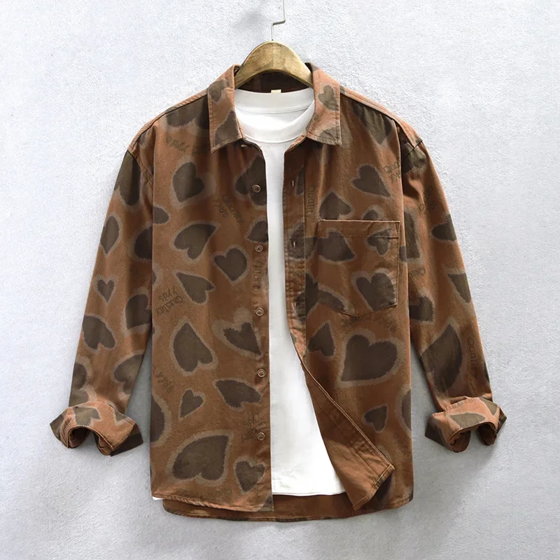 

Spring Fall Mens Long Sleeve Shirt Japanese Fashion Streetwear Retro Digital Love Printed Shirts Male Casual Pure Cotton Tops