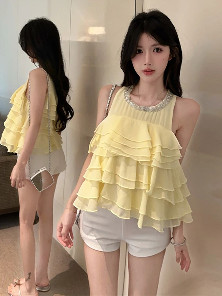 Sweet Sexy Heavy Duty Rhinestone round Neck Vest Layered Lace Loose Slimming Chiffon Top Sleeveless  Color Upper Body