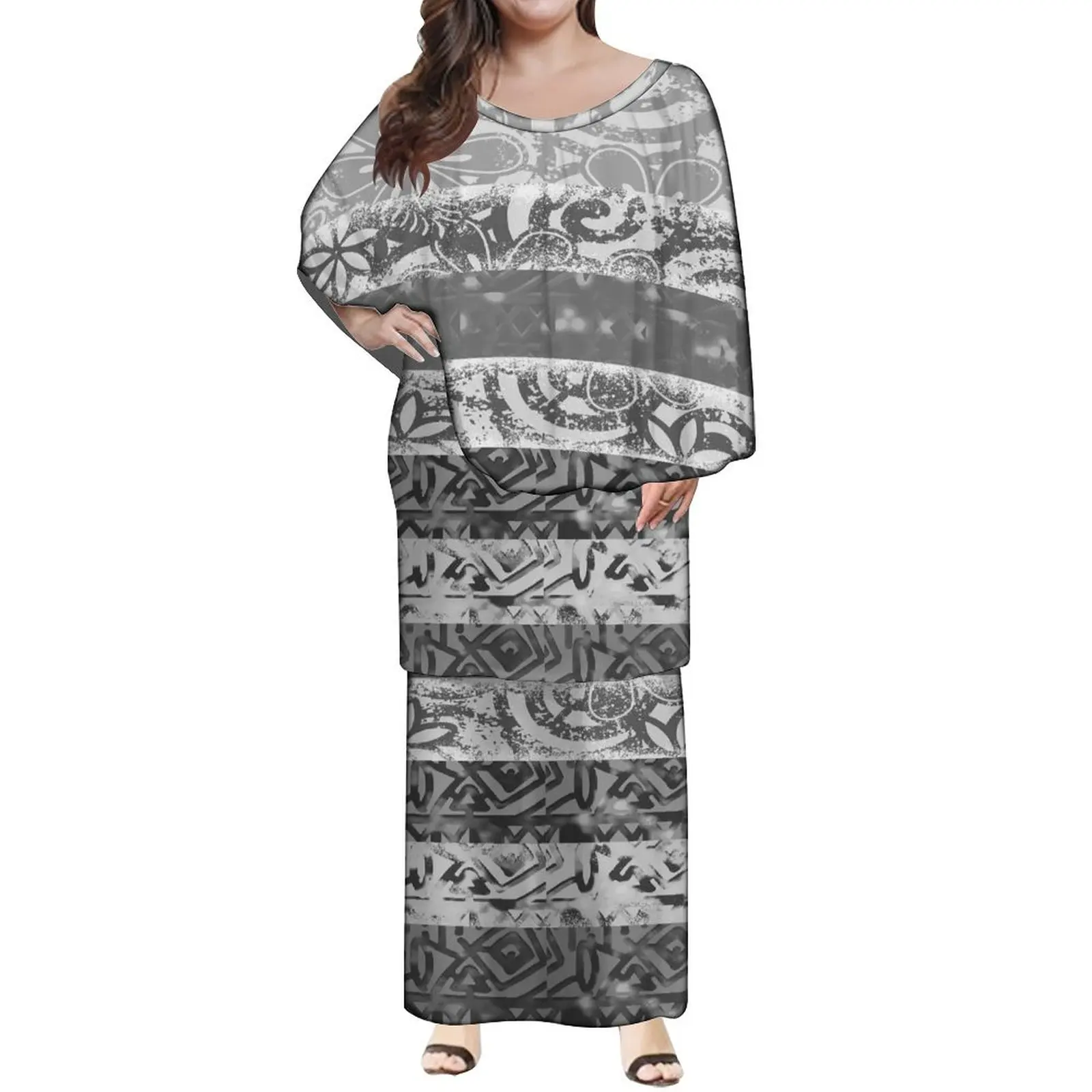 Polynesian Colorful Striped Print Puletasi Custom New Cape Sleeves Hawaiian Casual Fashion Dress Double Maxi Dress Island Dress