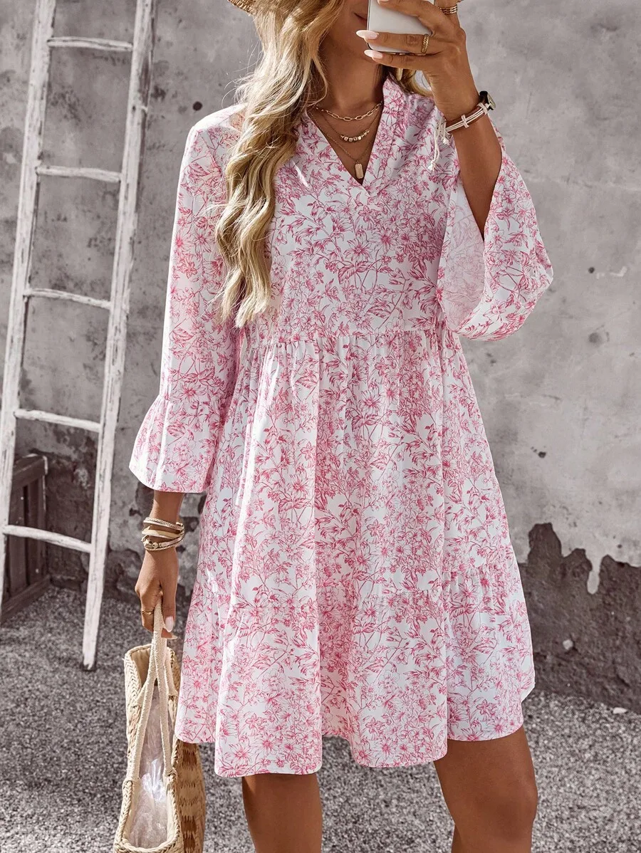 

Women's Pink Floral V-Neck Flare Sleeve A-Line Mini Dress Casual Summer