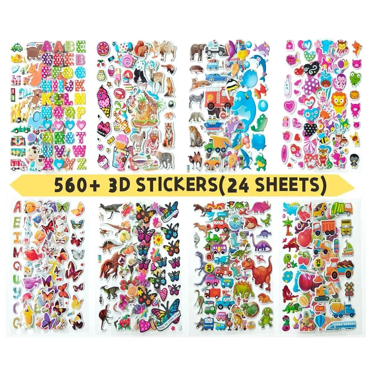 24Sheets Cute Stickers • 24Sheets Cute Furry Stickers • Including 3D Options,Letters,Numbers,Butterflies,Fish,Dinosaurs,Etc