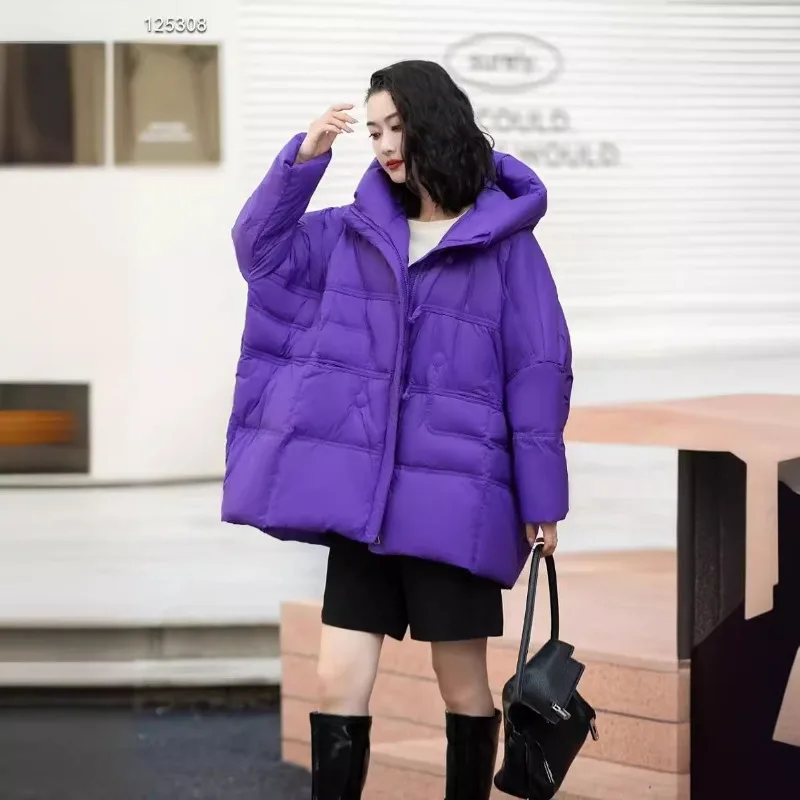 婦人服ダウンジャケットダックダウン新スタイル厚みのあるミッドレングス韓国スタイルルーズフィットフード付きプラスサイズファッショナブル