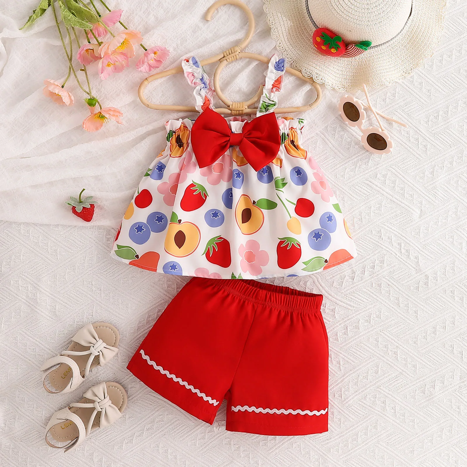 

New Summer Toddler Girls Clothes Sets Sleeveless Bowknot Fruits Prints T Shirt Tops Shorts Two Pieces Outfits Beach Loungewear